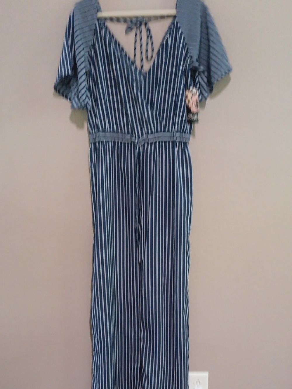 Hint Of Blush Striped Navy V-Neck Wide-Leg Jumpsuit - Blue